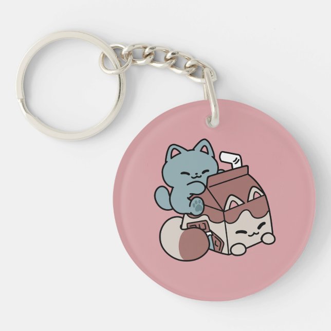 Porte-clefs Kawaii Chocolate Milk Cat – Cozy Drink & Cuteness  (Devant)