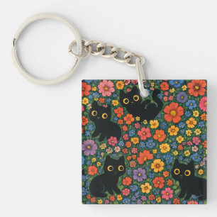 Porte-clefs Kawaii Garden Art Motif floral de chat noir mign