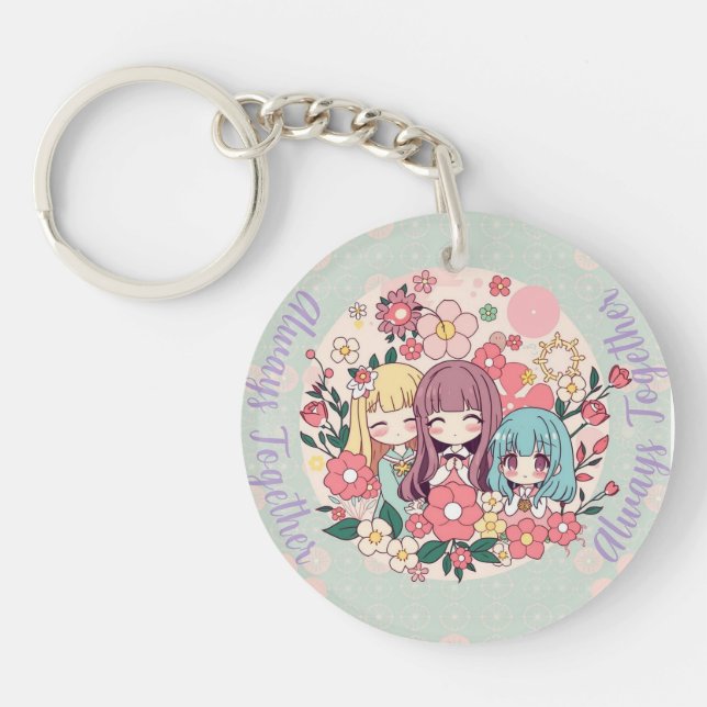 Porte-clefs Kawaii Trio - Mignonnes Filles Anime & Vibes Flora (Devant)