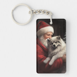 Porte-clefs Keeshond avec le Père Noël Festif de Noël
