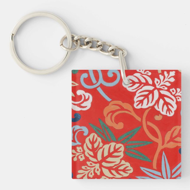 Porte-clefs Kimono japonais hawaïen rouge : Vintage floral (Devant)