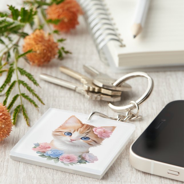 Porte-clefs Kitten avec Fleurs Féline Whimsical (Devant Droit)
