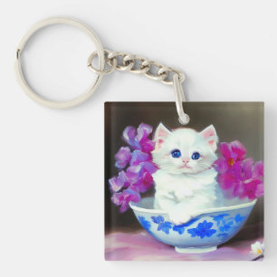 Porte-clefs Kitten blanc vintage aux fleurs roses
