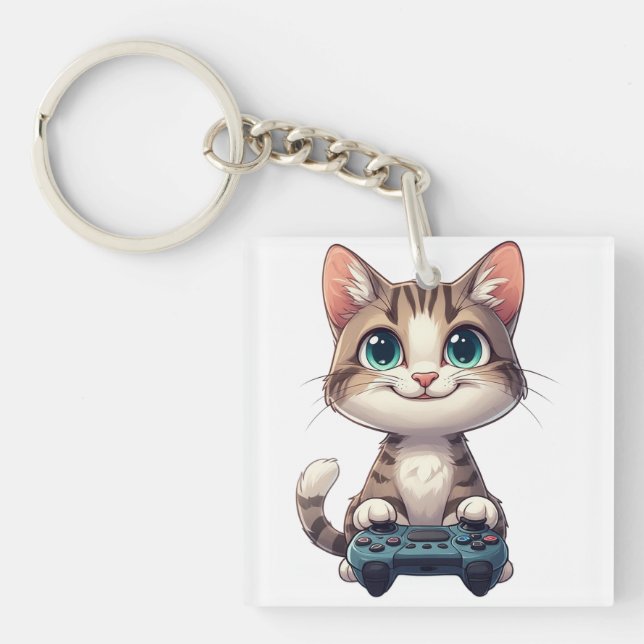 Porte-clefs Kitten Holding Game Controller Smiling Gamer Cat (Devant)