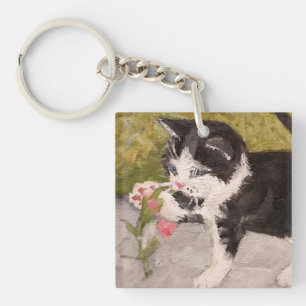 Porte-clefs Kitten Jouer avec Fleur rose