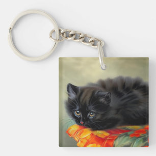 Porte-clefs Kitten noir vintage avec couverture de fleurs roug