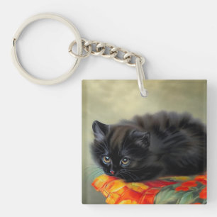 Porte-clefs Kitten noir vintage avec couverture de fleurs roug