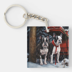 Porte-clefs L Terrier de Boston enneigé Traîneau Décor de Noël