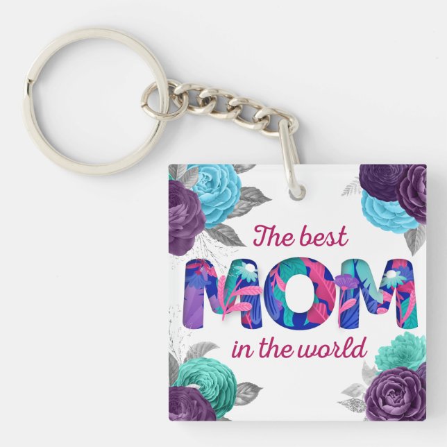 Porte-clefs La meilleure MOM dans le monde Violet bleu Floral (Devant)