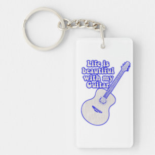 Porte-clefs La vie est belle avec ma guitare. bleu vintage