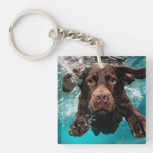 Porte-clefs Labrador chocolat joueur nageant sous l'eau