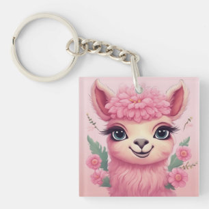 Porte-clefs Lama bébé rose souriant