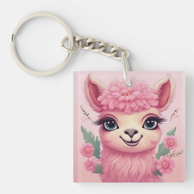 Porte-clefs Lama bébé rose souriant (Devant)