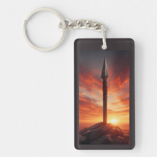 Porte-clefs Lance Épique dans un Paysage de Coucher de Soleil