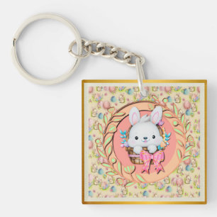 Porte-clefs Lapin de Pâques mignon assis dans le panier