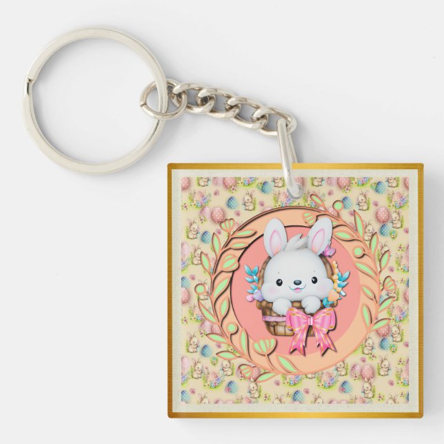 Porte-clefs Lapin de Pâques mignon assis dans le panier (Devant)