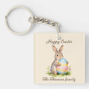Porte-clefs Lapin de Pâques vintage joyeux avec famille d'oeuf