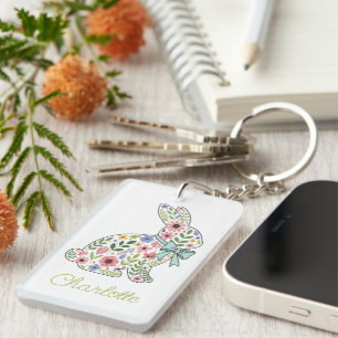 Porte-clefs Lapin de printemps aux fleurs sauvages roses et bl