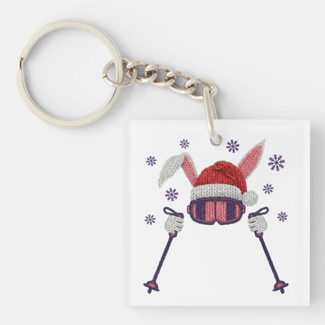 Porte-clefs Lapin de ski en faux fil avec chapeau de Père Noël (Devant)