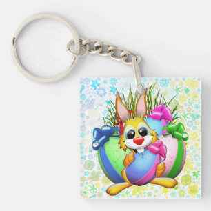 Porte-clefs Lapin drôle mordant un œuf de Pâques