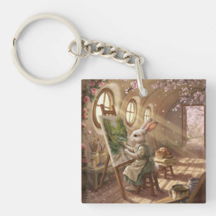 Porte-clefs Lapin Fantaisiste Artiste Peignant sur Chevalet