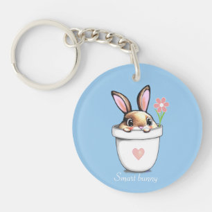 Porte-clefs Lapin intelligent avec Fleur et Coeur sur Bleu cla
