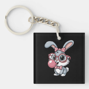 Porte-clefs Lapin mignon avec des lunettes soufflant du chewin