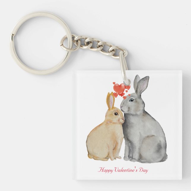 Porte-clefs lapins d'aquarelle Heureuse Sainte-Valentin (Devant)