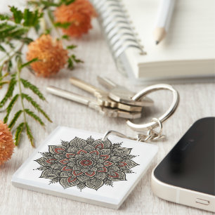 Porte-clefs L'art traditionnel indien Mandala en noir et rouge