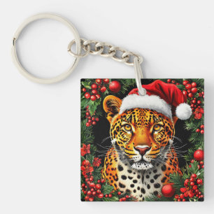 Porte-clefs Léopard de fête portant un chapeau de Père Noël
