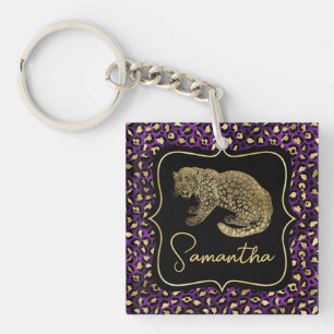 Porte-clefs Léopard doré et imprimé léopard violet