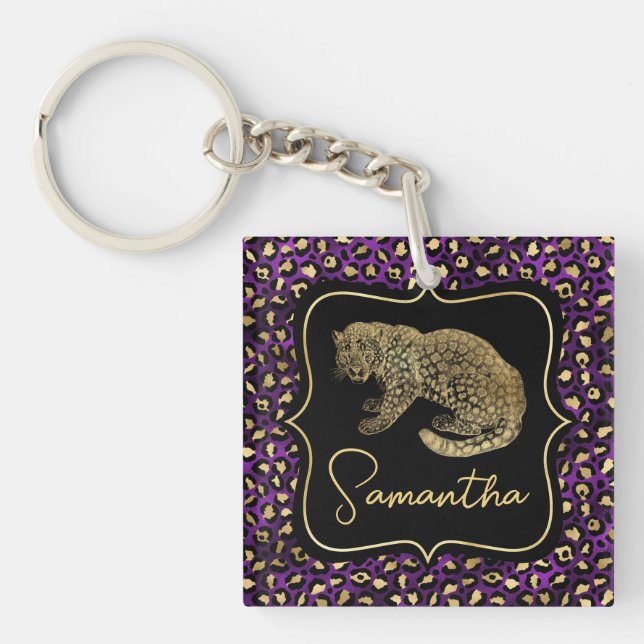 Porte-clefs Léopard doré et imprimé léopard violet (Devant)