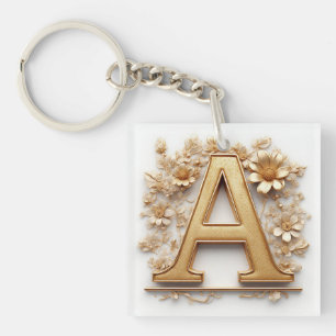 Porte-clefs Lettre A dorée élégante avec des fleurs délicates
