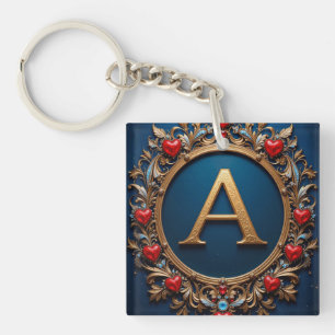Porte-clefs Lettre A dorée élégante entourée de cœurs