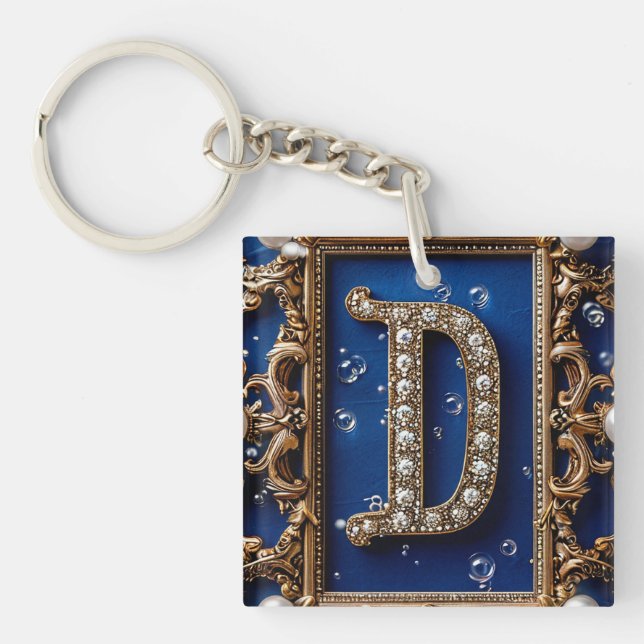 Porte-clefs Lettre D Ornée Dorée avec des Bijoux (Devant)