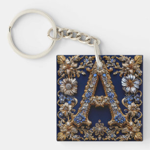 Porte-clefs Lettre dorée élégante "A" avec décoration florale