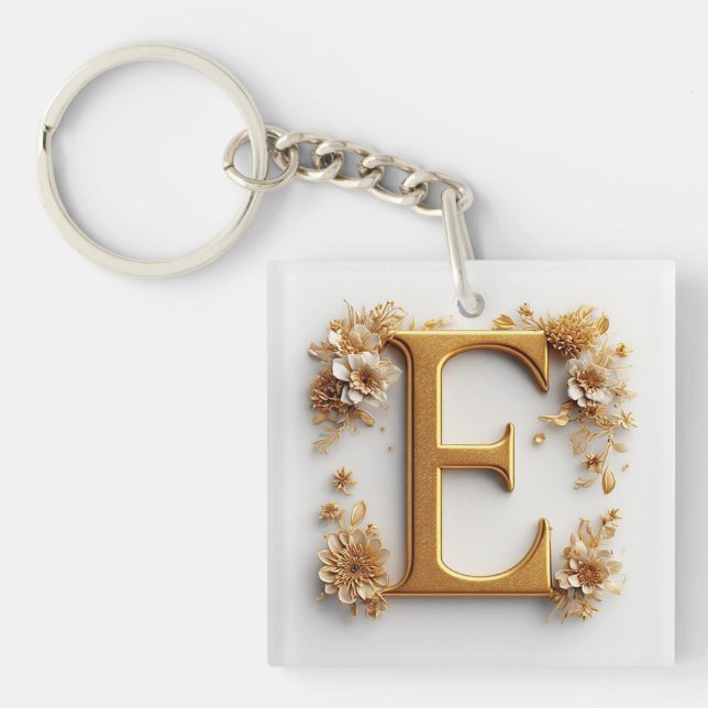 Porte-clefs Lettre E dorée élégante avec des fleurs délicates (Devant)