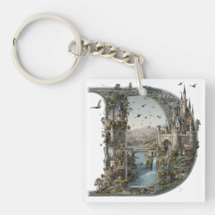 Porte-clefs Lettre fantaisie D avec des châteaux dans le ciel 