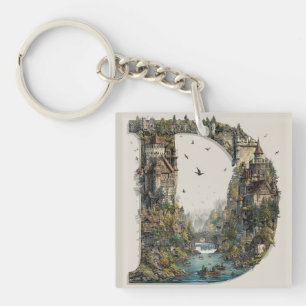 Porte-clefs Lettre fantaisiste D avec des châteaux dans le cie