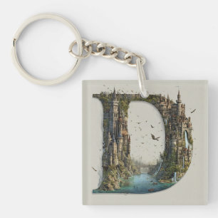Porte-clefs Lettre fantaisiste D avec des châteaux dans le cie