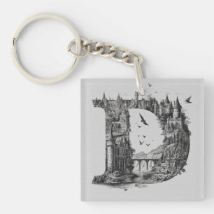 Porte-clefs Lettre fantaisiste D avec des châteaux dans le cie