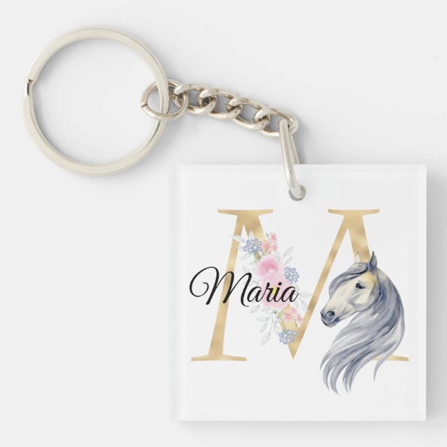Porte-clefs Lettre M personnalisée monogramme avec cheval (Devant)