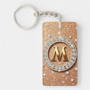 Porte-clefs Lettre monogramme M sur fond pailleté or rose