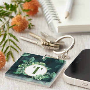 Porte-clefs Lettre monogramme personnalisé Plante feuille mais