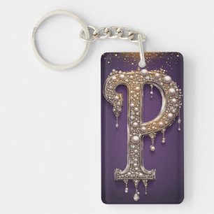 Porte-clefs Lettre P en strass de luxe avec diamants, perles