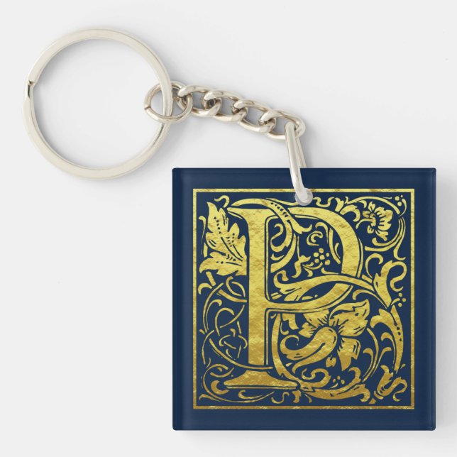 Porte-clefs Lettre P Première lettre Faux Gold sur Midnight Bl (Devant)