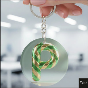 Porte-clefs Lettre P rayée de paillettes dorées vert brillant