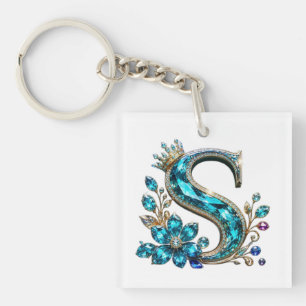 Porte-clefs Lettre S et couronne en cristal de turquoise