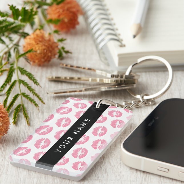 Porte-clefs Lèvres Roses, Baiser, Baguette à lèvres, Votre Nom (Devant droit)