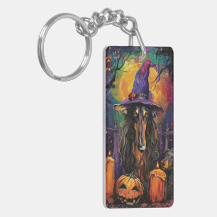 Porte-clefs Lévrier afghan effrayant, sorcière et citrouille d